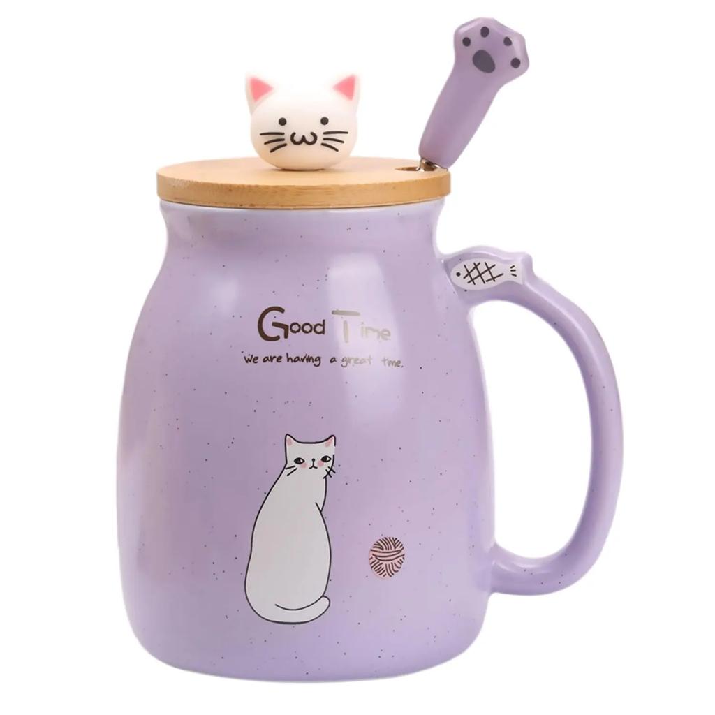 Kawaii Tea Cup Cute Cat Ceramic Coffee Mug with Kitty Lid and Spoon Japanese Style Novelty Gifts for Women Cat Lover Gifts 16oz