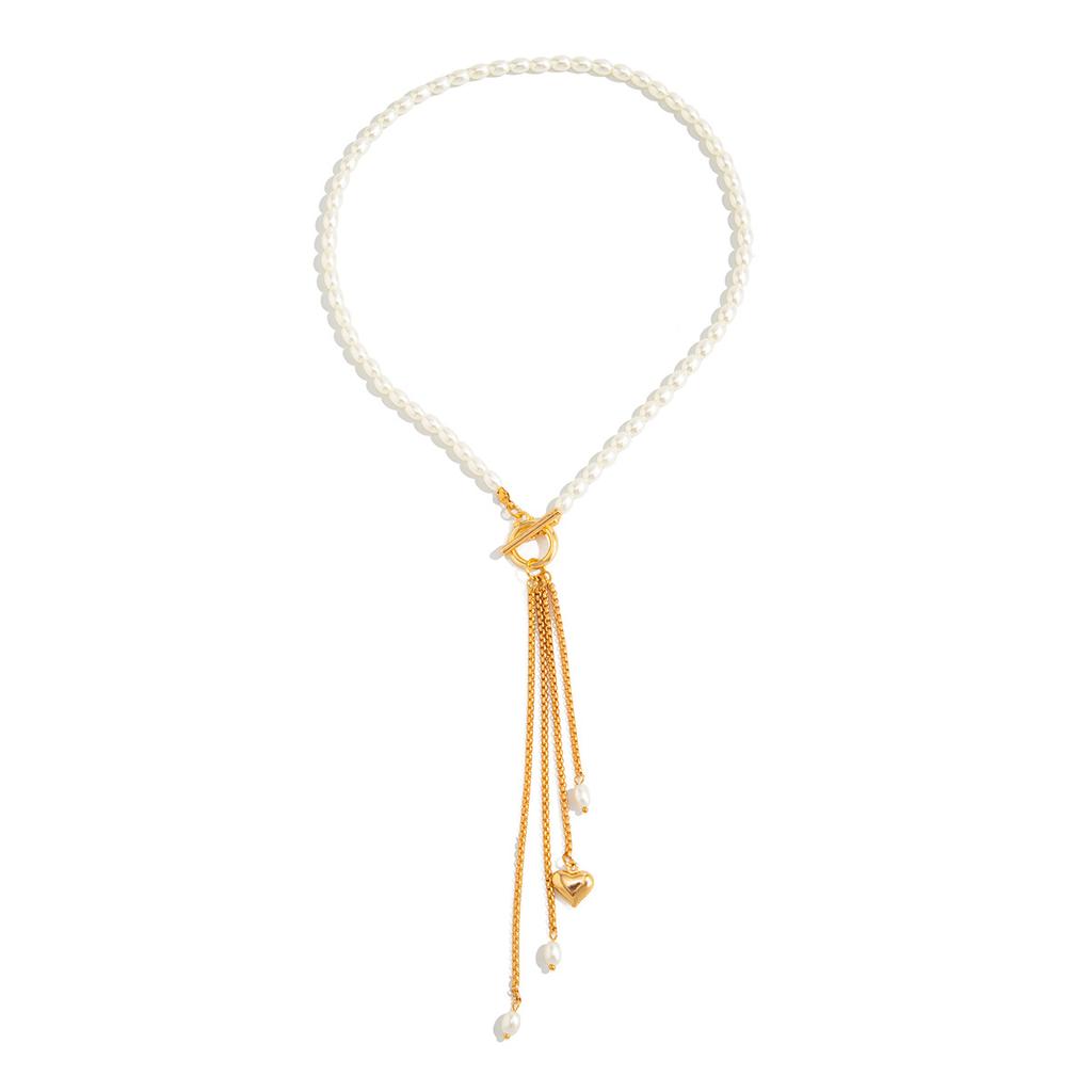 Sweet And Cool Style Imitation Pearl Beaded Collarbone Necklace, Simple Ot Buckle Love Pendant, Fringed Necklace.