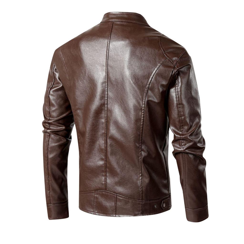 Leather Jacket Men's Stand Collar Trend Spring and Autumn New Leather Jacket Handsome Motorcycle Suit Green Large Size Jacket