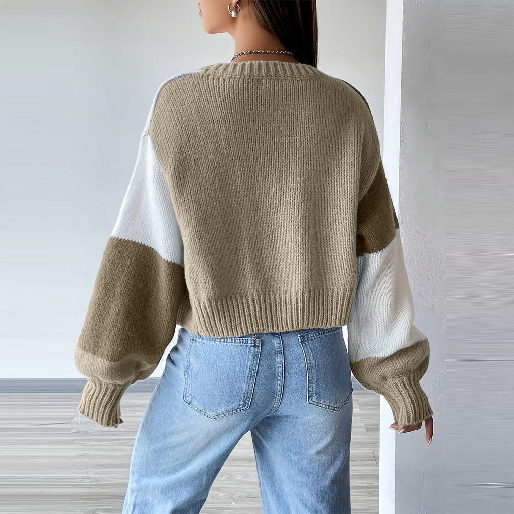 Women's Versatile Colorblock Casual Striped Long-sleeved Knitted Sweater Jacket