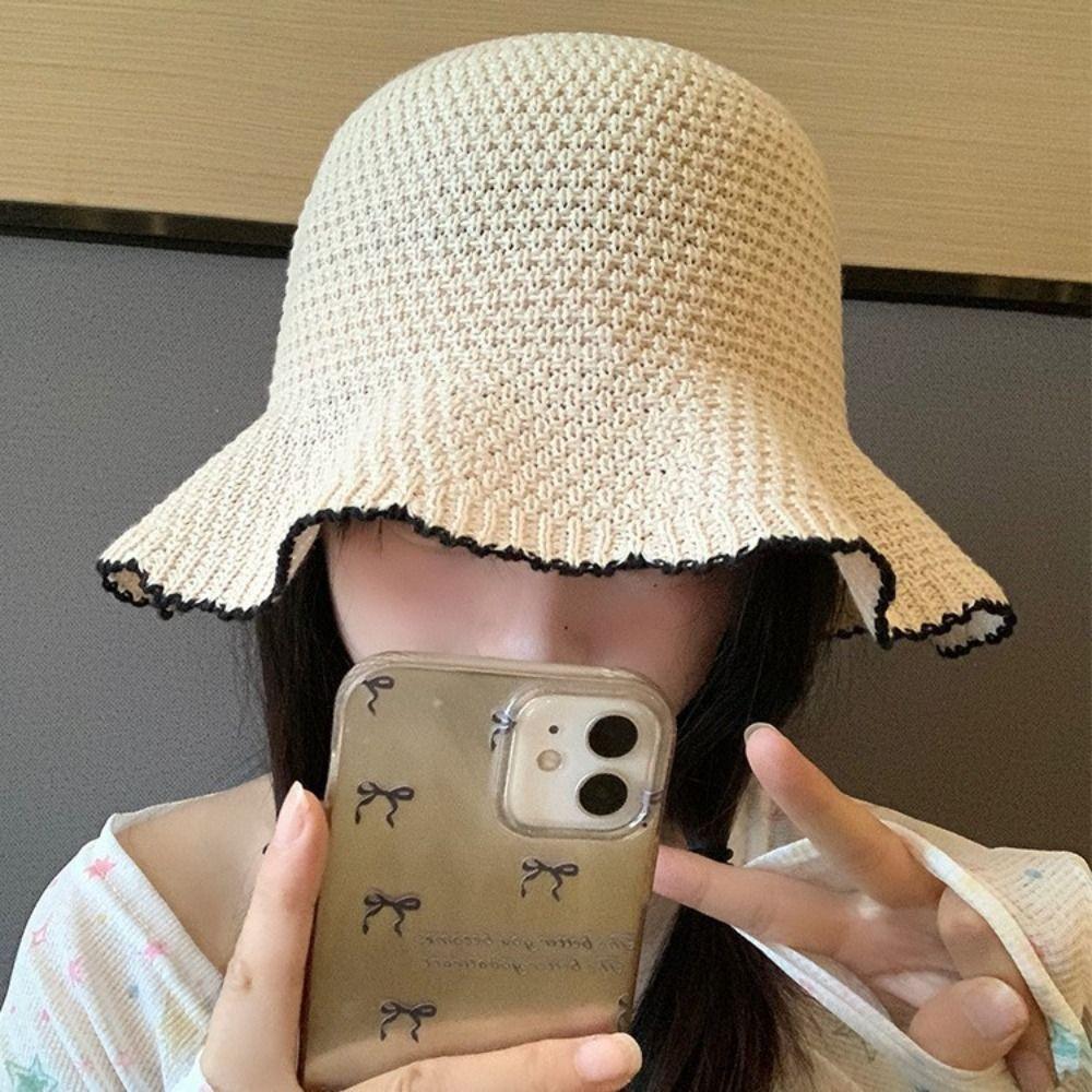 French Style Knitted Bucket Hat Sweet Seaside Beach Cap Elegant Straw Sun Hat  Outdoor