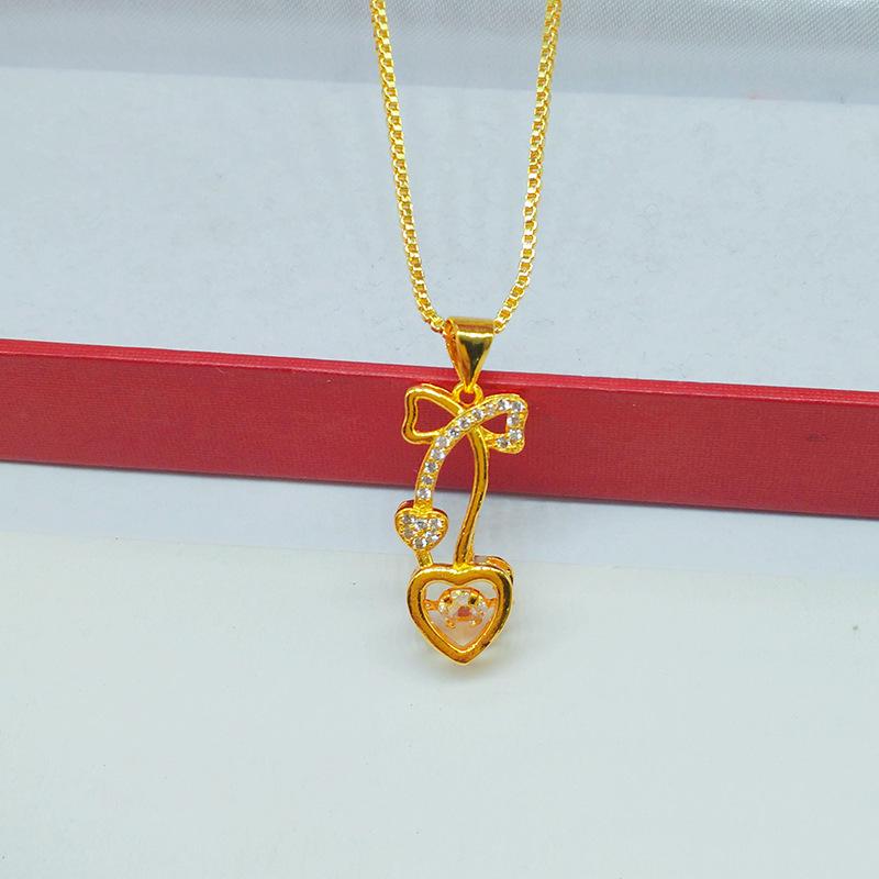 Vietnamese Sand Gold Heart Necklace with Gilded Brass Crown Pendant and Diamond Inlay In Multiple Styles
