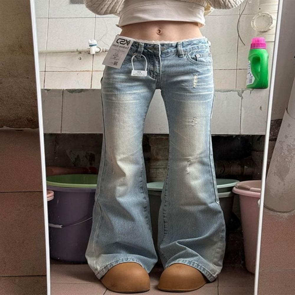women s High Waisted Lace Trim Flare Jeans Light Blue Washed Vintage Bootcut Denim Pants S синий