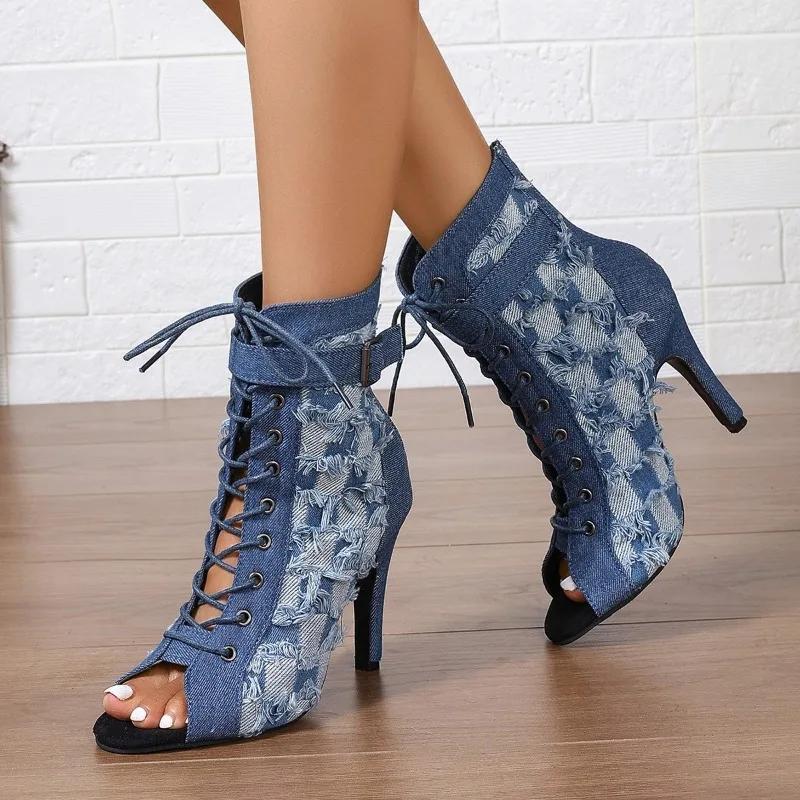 High Heels Jazz Dance 2025 Denim Booties Niche Foreign Style Internet Celebrity Same Short-leg Cool Boots