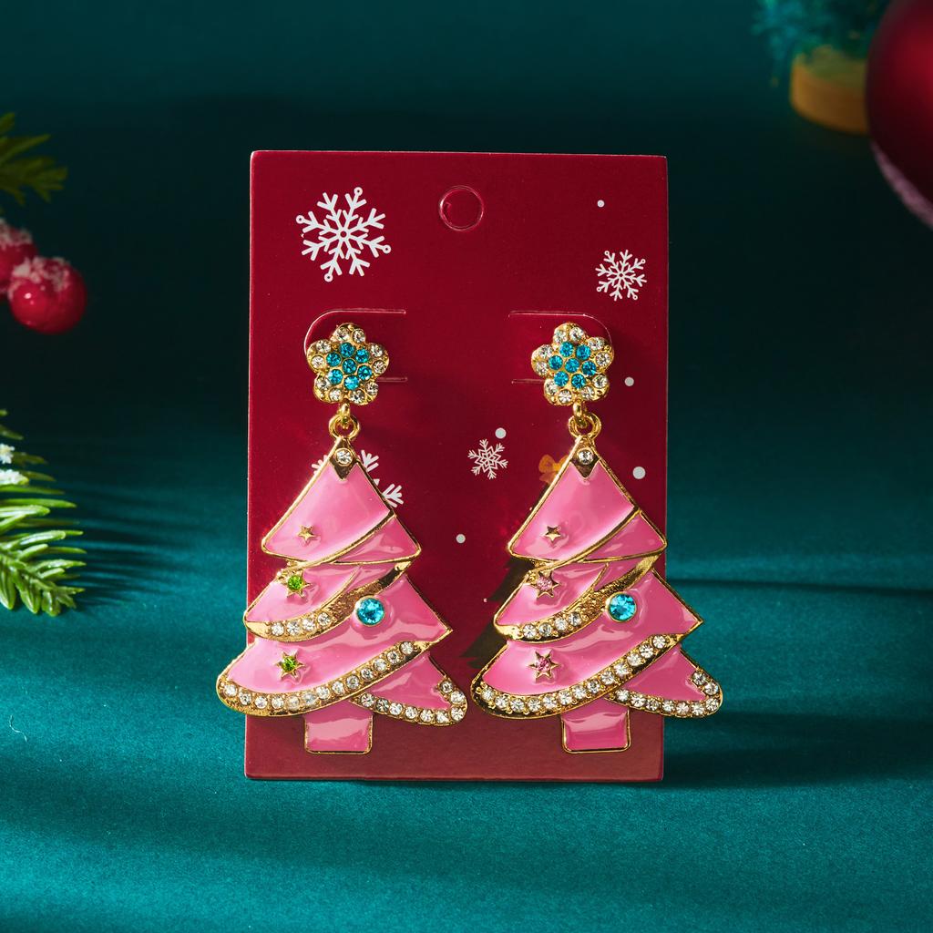 Delicate Pink Drop Oil Christmas Tree Drop Earrings for Women Sweet Colorful Wreath Bulb Earrings New Year Party Jewelry Gifts