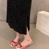 2025 French Red Women's Shoes Plaid Beautiful Outside Bow Winter Sandals High Heel Open-toed Women's Cool Slippers