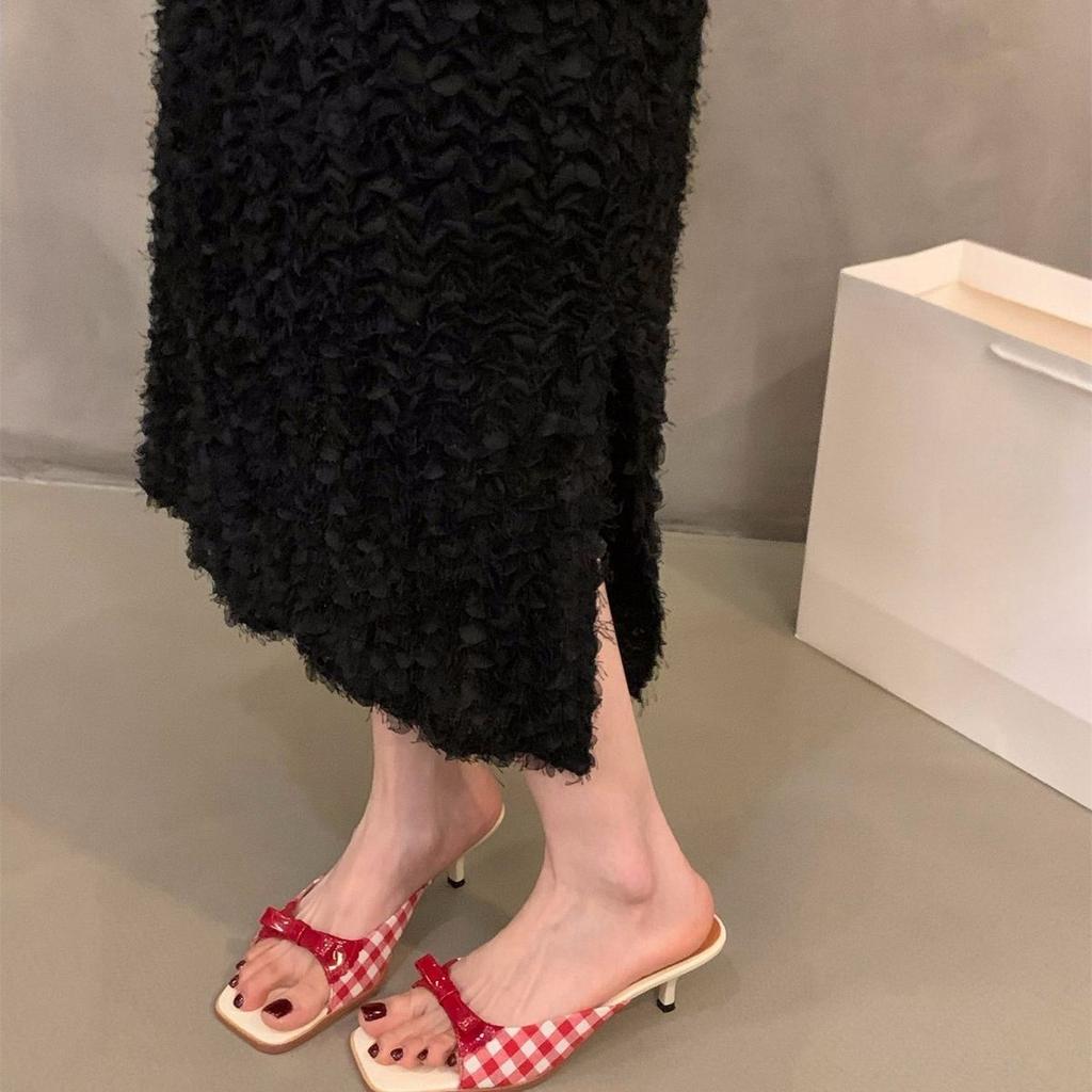 2025 French Red Women's Shoes Plaid Beautiful Outside Bow Winter Sandals High Heel Open-toed Women's Cool Slippers
