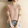ZANZEA Women Casual Round Neck Print Splice Half Sleeve Lace Blouse
