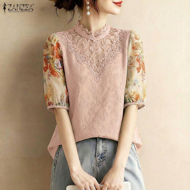 ZANZEA Women Casual Round Neck Print Splice Half Sleeve Lace Blouse