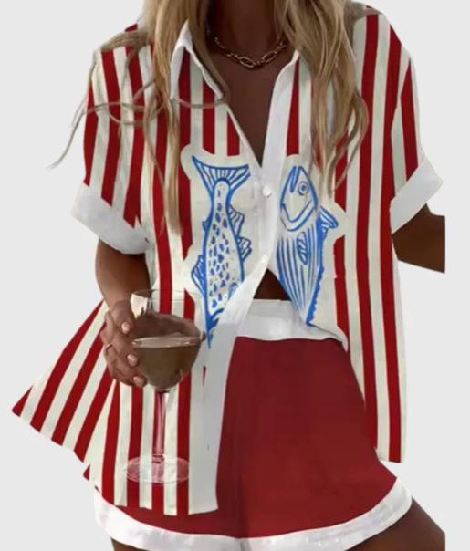 Linglong hemp European and American personality bright digital printing new casual summer top women's suit two-piece set