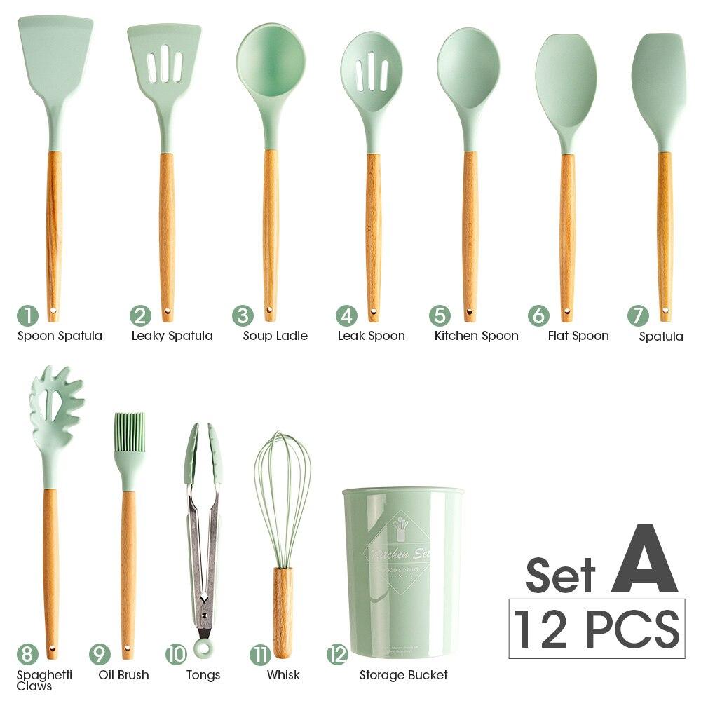 

12 шт. силиконовых наборов для приготовления пищи, лопатка, суповая ложка, щипцы, лопатка, кухонная утварь с деревянной ручкой, термостойкие принадлежности для выпечки