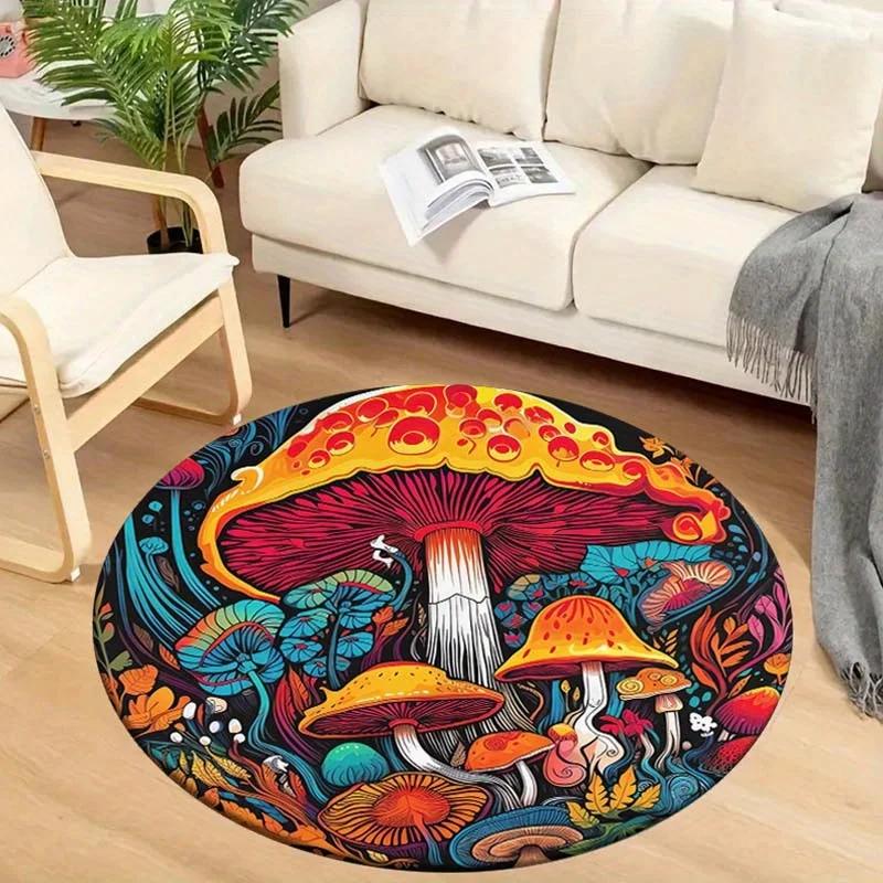 Cute Mushroom Round Area Rug – Soft Washable Carpet for Bedroom or Entryway – Non-Slip Floor Mat, Nature-Inspired Balcony Decor