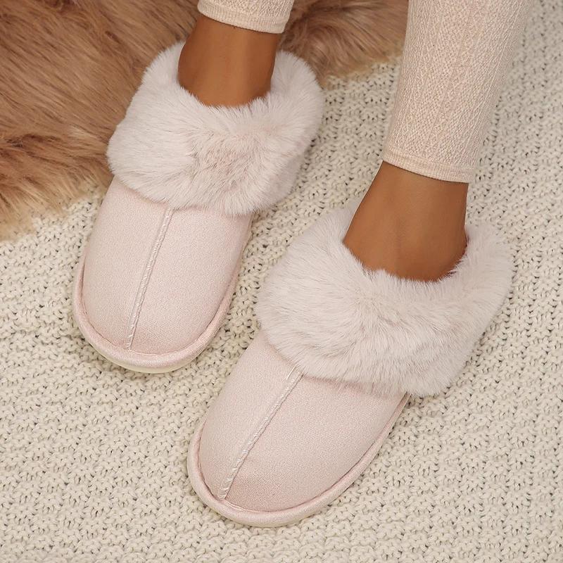 Fashion Closed Toe Warm Cotton Slippers Women Faux Fur Thicken Plush Winter Home Shoes Woman Lightweight Casual Indoor Slides Female
