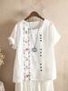 Retro Cotton Linen Short Sleeve Embroidered Flower Women's T-shirt Crew Neck Plus Size Tops Summer Shirt