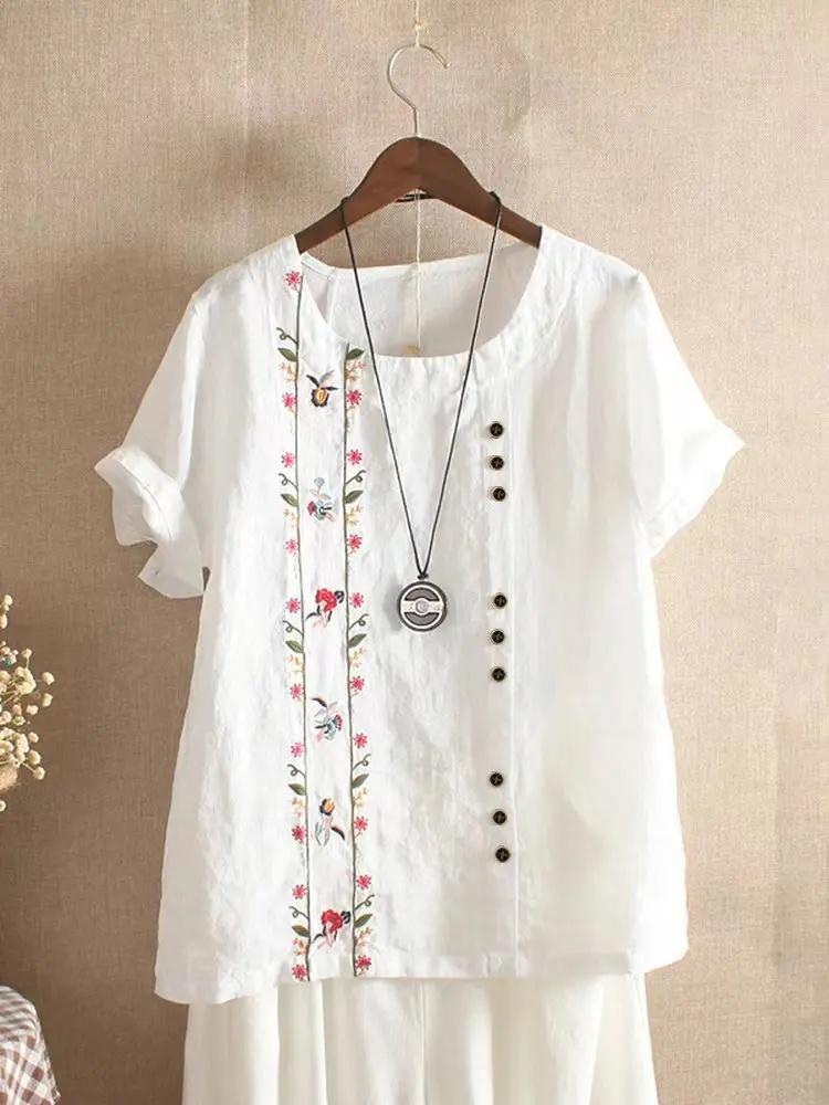 Retro Cotton Linen Short Sleeve Embroidered Flower Women's T-shirt Crew Neck Plus Size Tops Summer Shirt