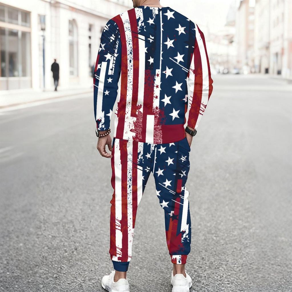 Men White All Over Mini American Flag Star Print Long Sleeve Sweatshirt And Drawstring Jogger Pants Two Piece Suit