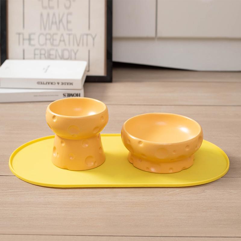 Cute Cheese Ceramic Elevated Pet Bowl Set 3Pcs, Cat Dog Food Water Bowl with Non-slip Mat