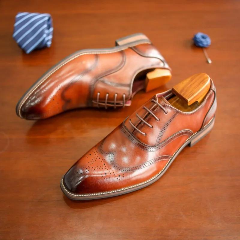 Fashion Plus 47 Men Genuine Leather Shoes Luxury British Vintage Carving Wingtips Brogues Slip On Flats Designer Oxford Dress Shoe