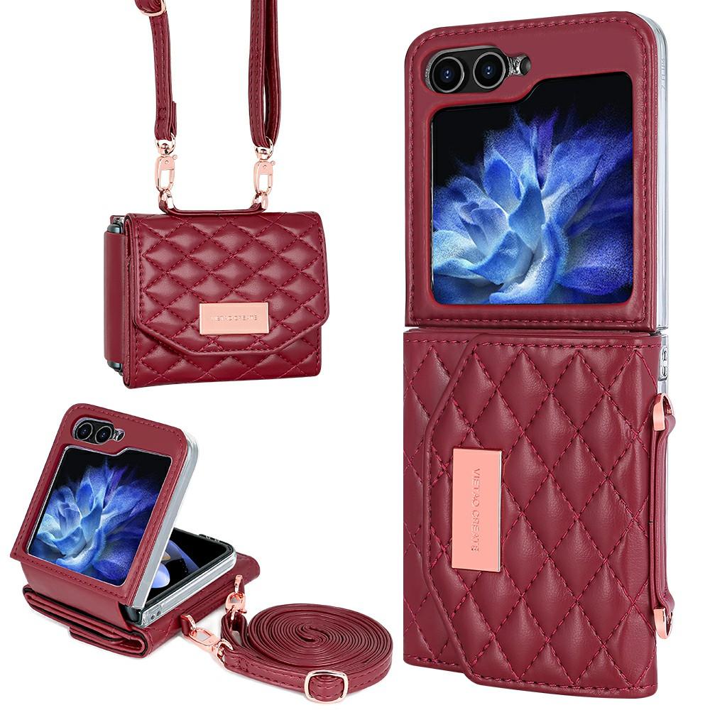 For Samsung Galaxy Z Flip7 FE 5G/Z Flip6 5G Case with Shoulder Strap PU+PC Wallet Phone Cover Built-In Back Screen Film