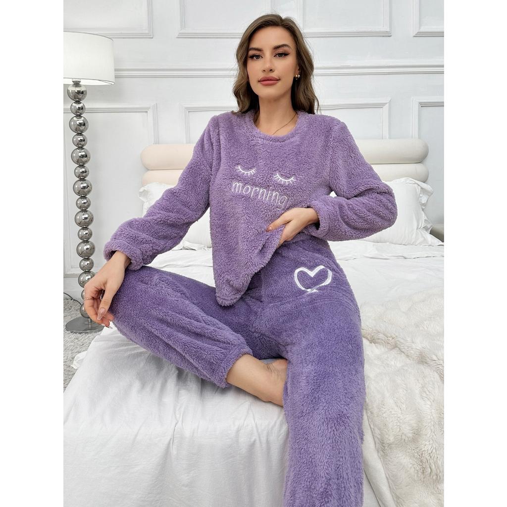 Damen Flauschiger Pyjama Set - Lässiger Rundhalsausschnitt Langarm Besticktes Buchstabenmuster - Teddy Flauschiger Lässiger Pyjama für Winterwärme, Oberteil und Hose