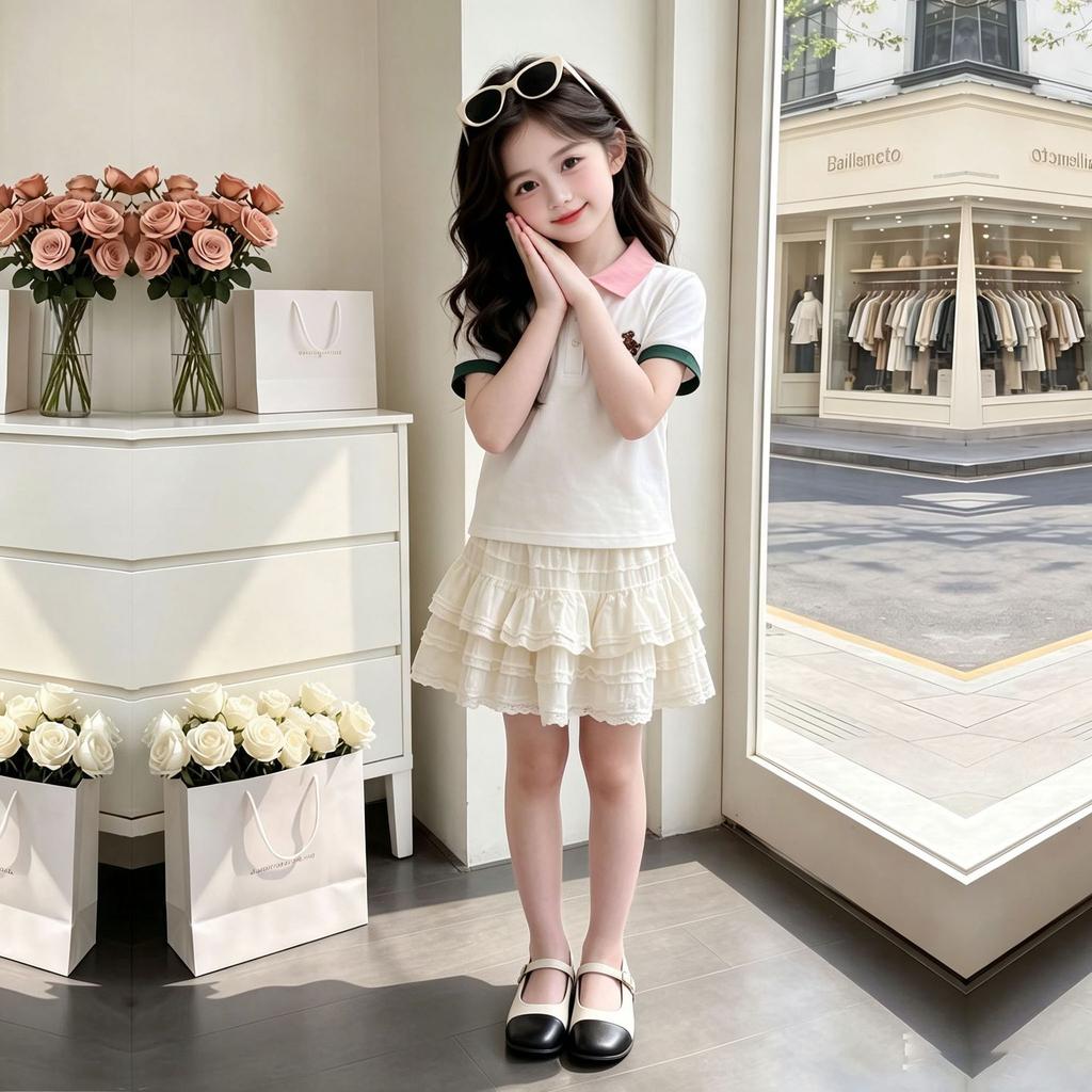 Summer Colorblock Polo Top and Ruffled Tiered Dress Set for Kids