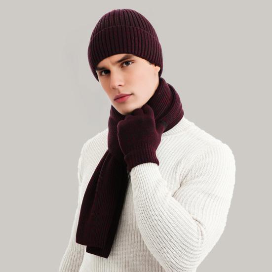 3Pcs/Set Women Winter Hat Scarf Gloves Set Solid Color Knitting Hat Long Scarf Touchscreen Gloves Set Winter Accessories