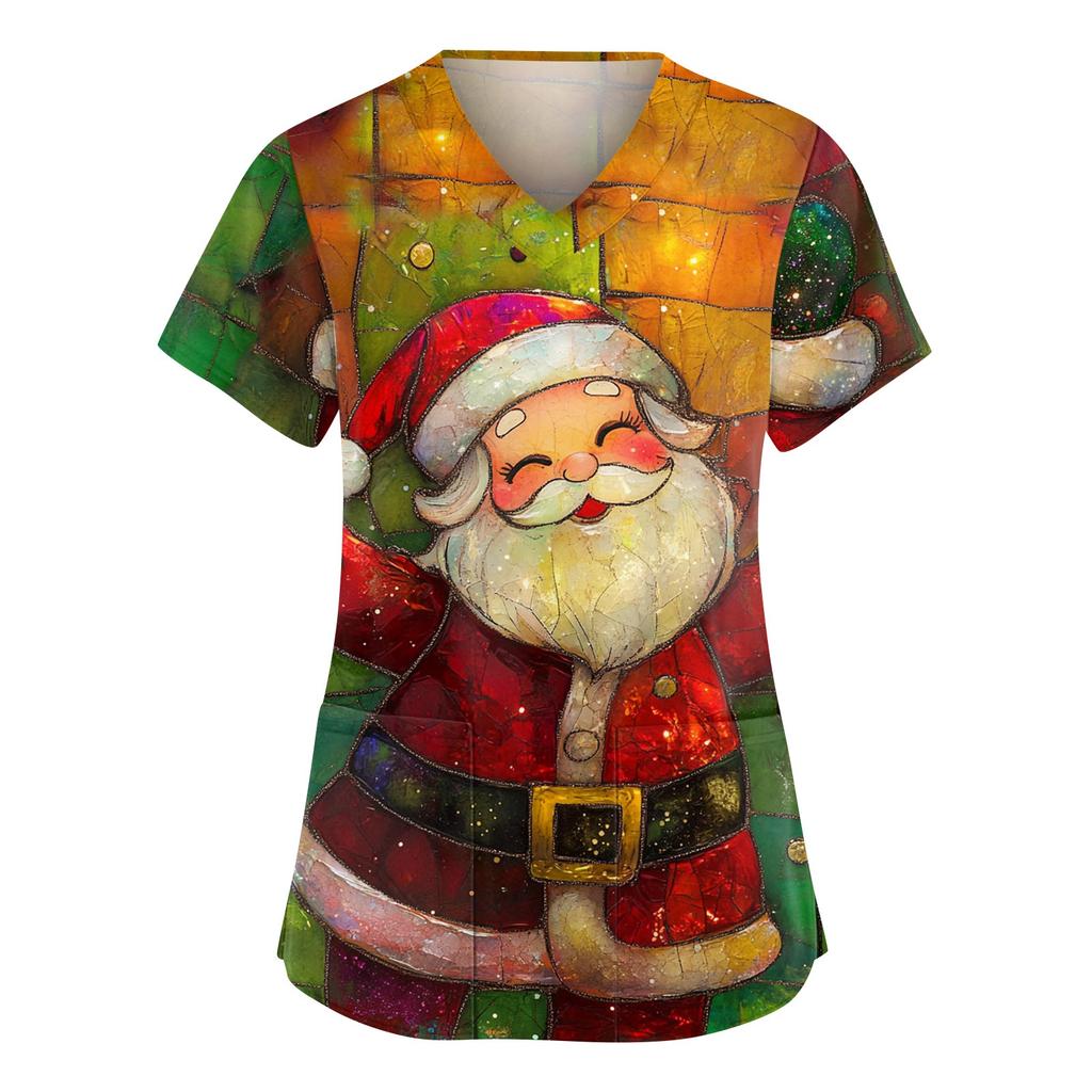 Damen Modische V-Ausschnitt Arbeitskleidung Weihnachten Bedruckt Kurzärmlig Tasche Seitenschlitz Arbeitskleidung Basic Pullover Top