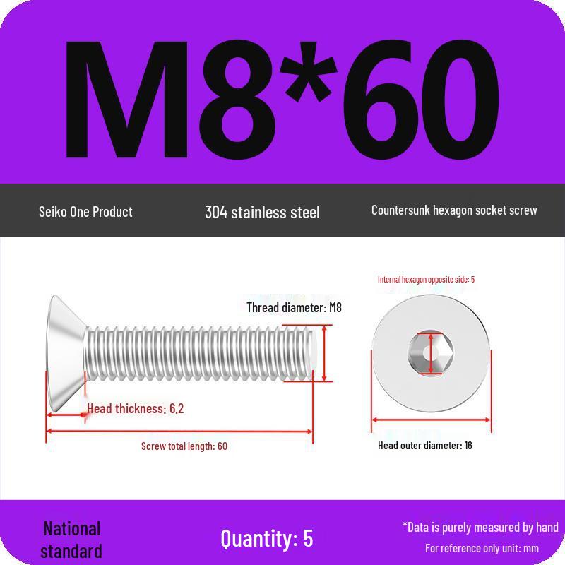 M2-M10 Stainless Steel Flat Head Machine Screws and Bolts Set, Countersunk Hex Socket Cap, 304 Grade.