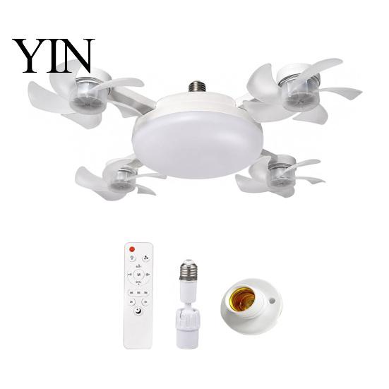 E27 Socket Fan 3/4/5 Blade Ceiling with Light & Remote Control, 2-in-1 Silent LED Drone Compact Ventilation Lamp Foldable Blades, 3-Speed Dimmable for