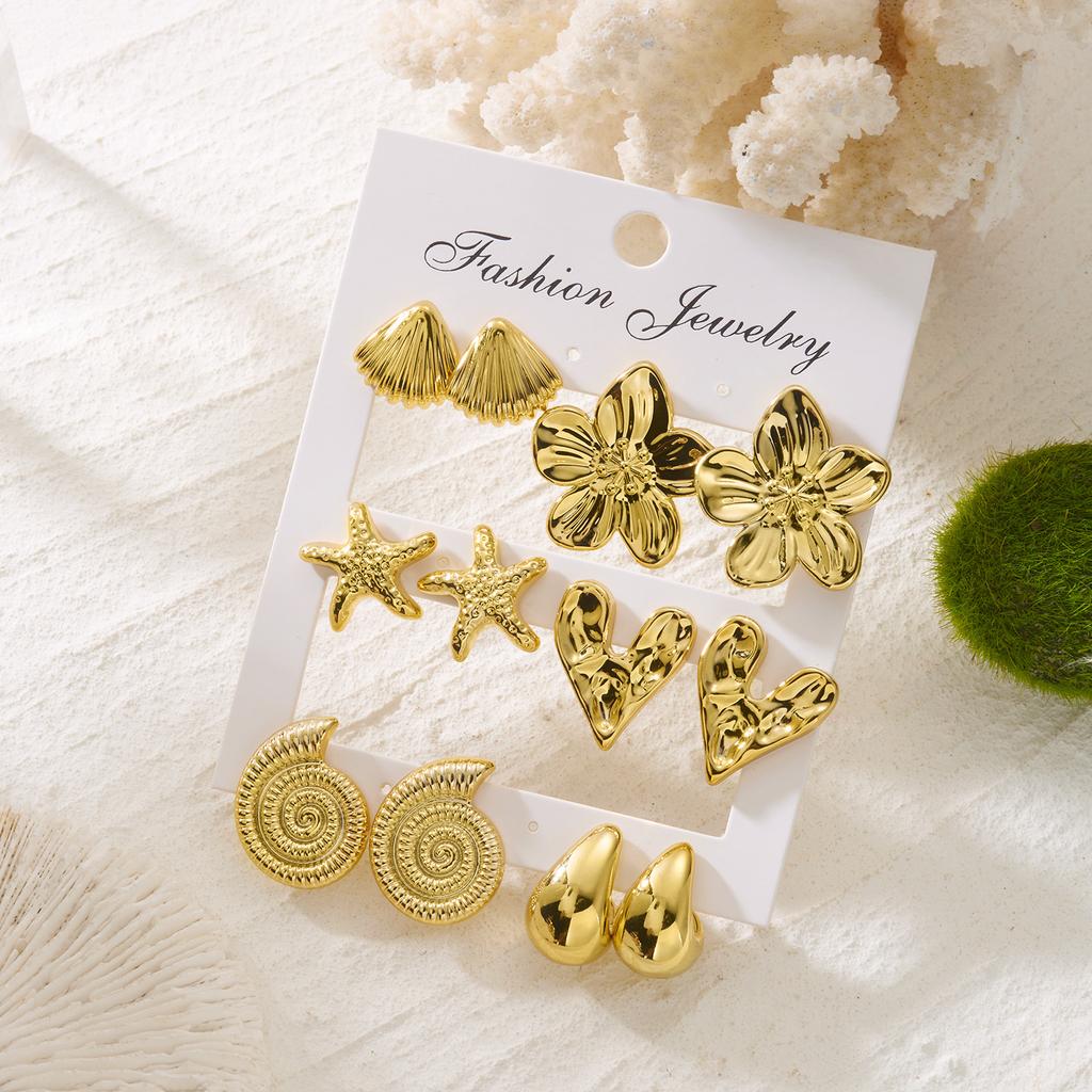 Vintage Gold Color Textured Starfish Shell Heart Stud Earrings Set For Women Chunky CCB Floral Earring Summer Aesthetic Jewelry