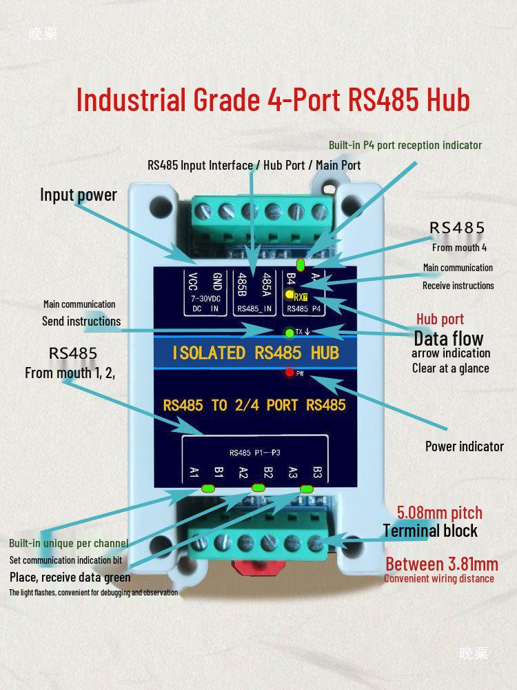 4-Port RS485 Hub with Optical Isolation and Signal Amplification