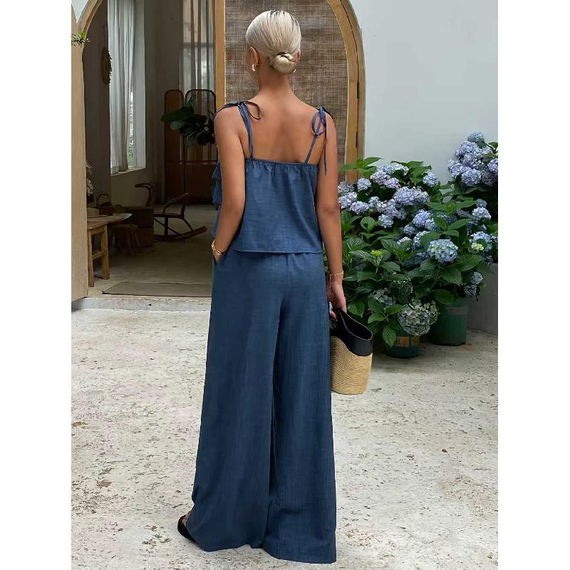 2026 New Fashion Ruffle Trim Camisole Top High-Waisted Tie-Up Pants Casual Women's Suit