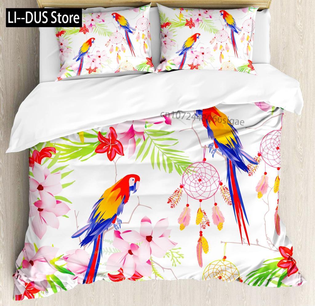 Macaws Duvet Cover Set Full Size Colorful Parrots Bedding Set 3pcs for Boys Girls Room Decor Quilt Cover with 2 Pillowcases