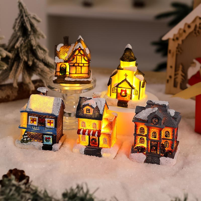 New Christmas decorations, resin luminous small house with lights, dreamy European-style snow house, Christmas gift