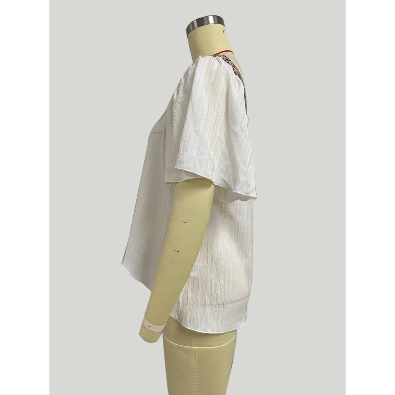 Vacation Style Lace Embroidered Square Neck Shirt Pullover with Lotus Leaf Short Sleeved Backless Design Women’s Blouses & Shirts