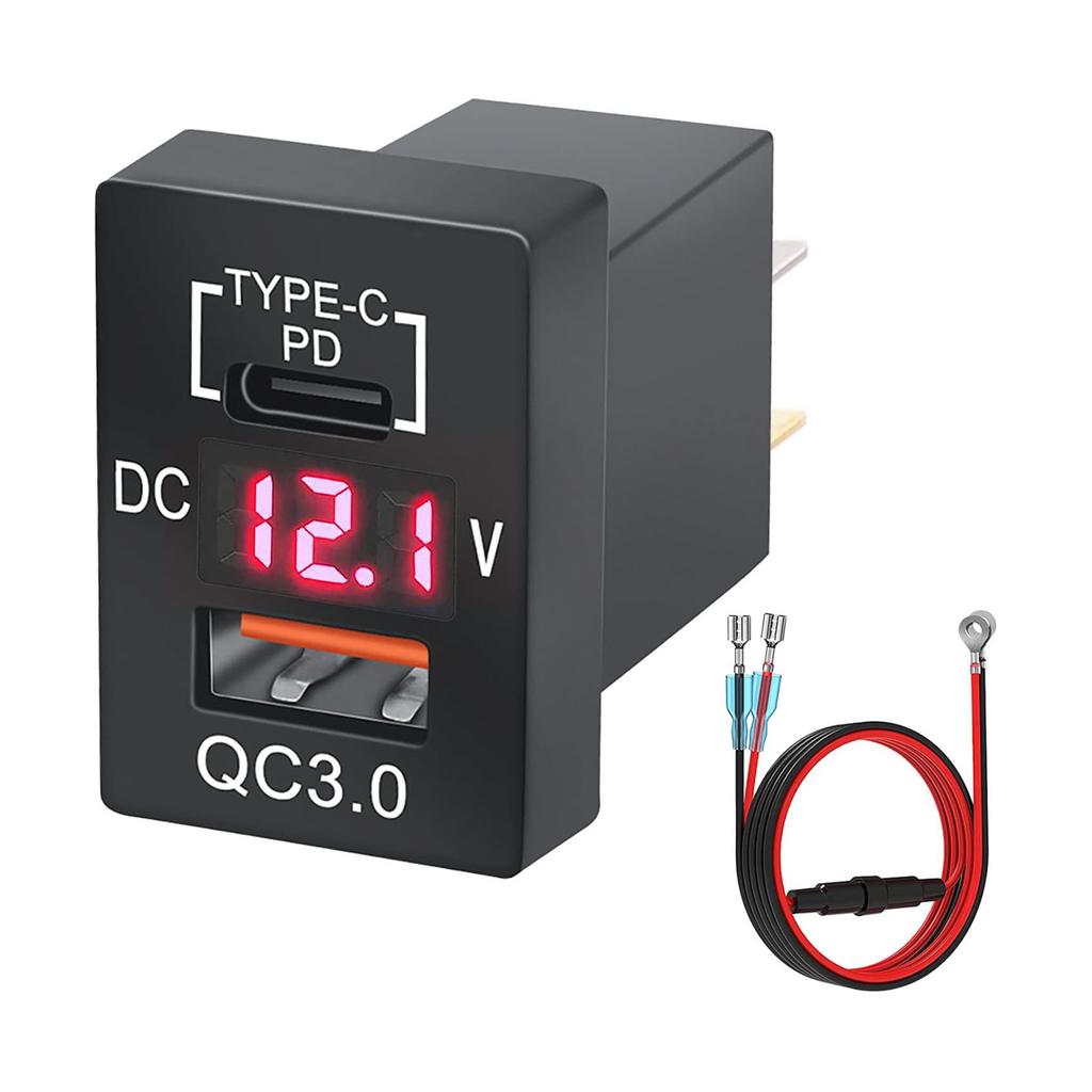12/24V Quick Charge 3.0 and PD USB C Car Charger Socket Power Adapter with Digital LED Voltmeter for Vehicles
