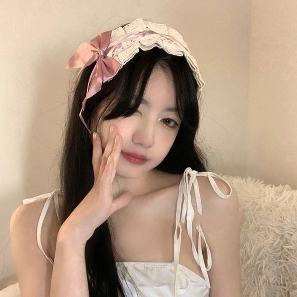 

Cosplay Wide Side Bow Makeup Women Hairband Korean Style Headband Hair Accessories Lace Hair Hoop sky blue-A