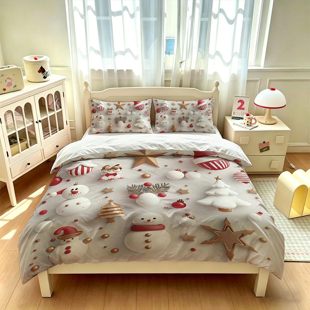 3-piece set (1 bedspread + 2 pillowcases) with Christmas-themed decorations snowmen stars perfect for home decoration