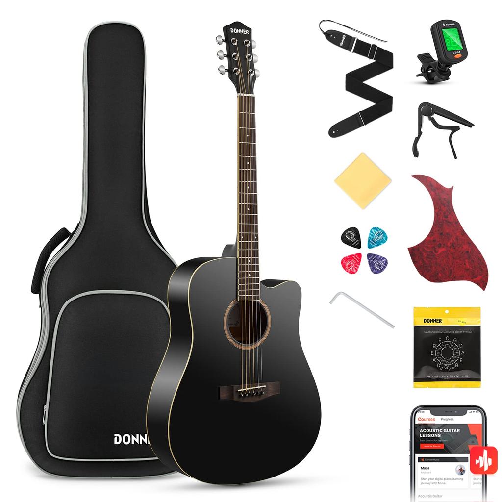 Donner Acoustic Guitar Beginner Set 41 Inch High Quality Maple Top Acoustic Cutaway Right Handed for Beginner Practice Soft Case Tuner Included Black