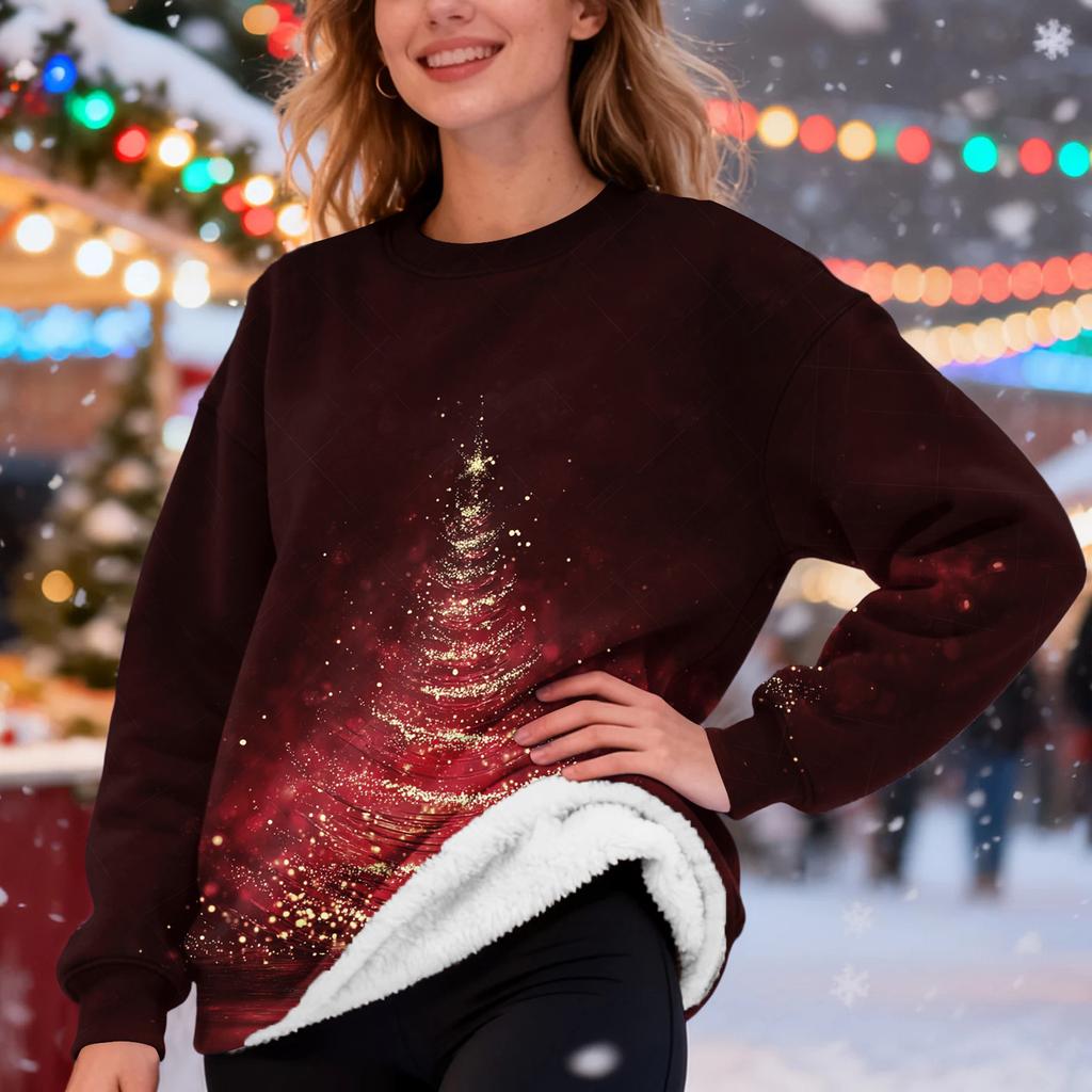 Women's Fashion Casual Long Sleeve Christmas Printed Round Neck Plus Velvet Thickened Sweatshirt