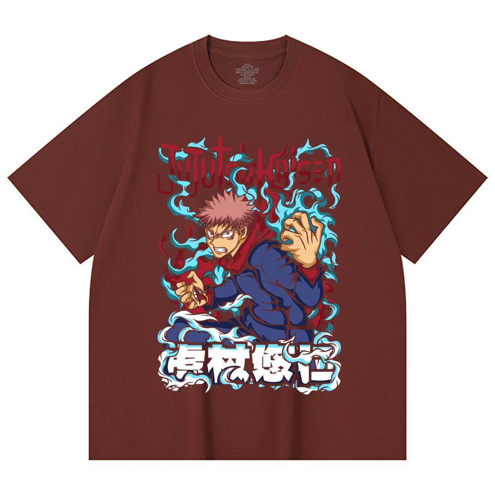 230 Gsm 100% Cotton Jujutsu Kaisen V50 Yuji Print Unisex Heavy Cotton T Shirt