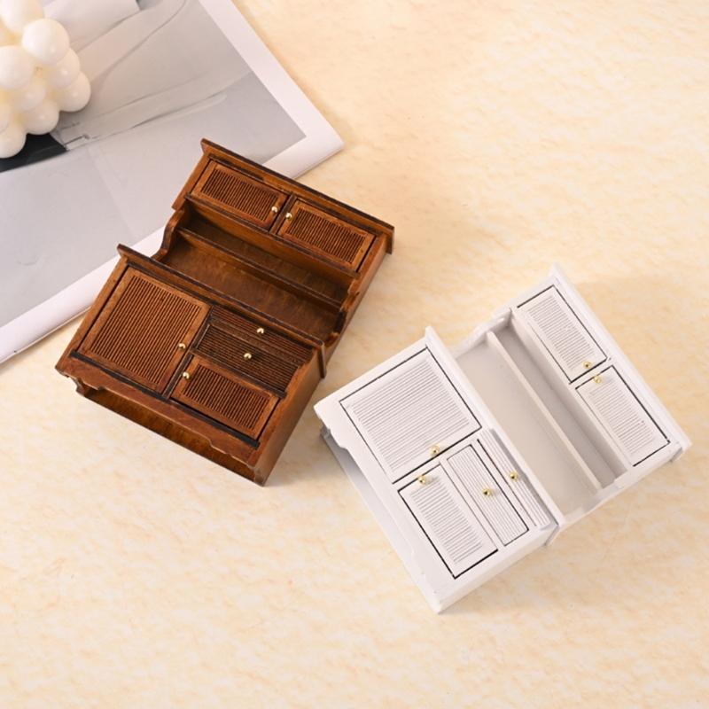 Wooden Miniature Sideboard Cabinet with Functional Door for 1/12 Dollhouses Furnishing Realistic Landscape Scene Decors