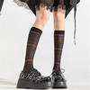 Women Elegant Thin Sheer Solid Color Silk Over Calf Socks Japanese Style Geometric Striped Pattern Knee Length Stockings