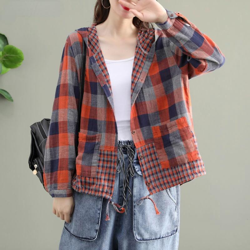 Plaid Shirts Chic Women Hooded Pockets Casual Allmatch Warm Spring Popular Streetwear Vintage Daily Collage