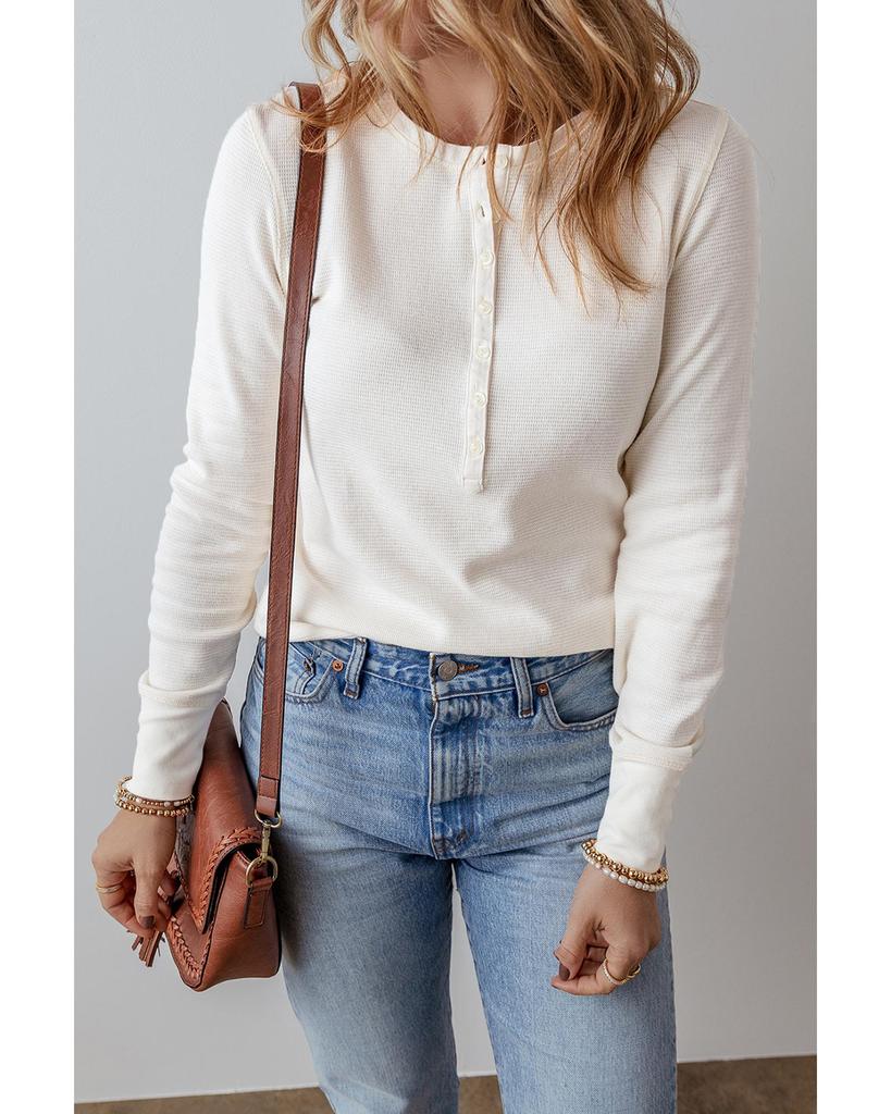 Azura Exchange White Solid Color Waffle Half Button Long Sleeve Top