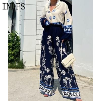 INDFS Women's Fashion Casual Spring Fall Long Sleeve POLO Neck Blouses & Shirts Trousers Pants Suits