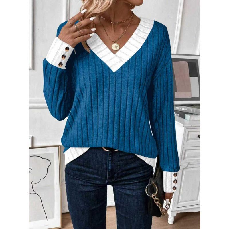 Women S Casual V Neck Solid Color Long Sleeve T Shirt With Splice