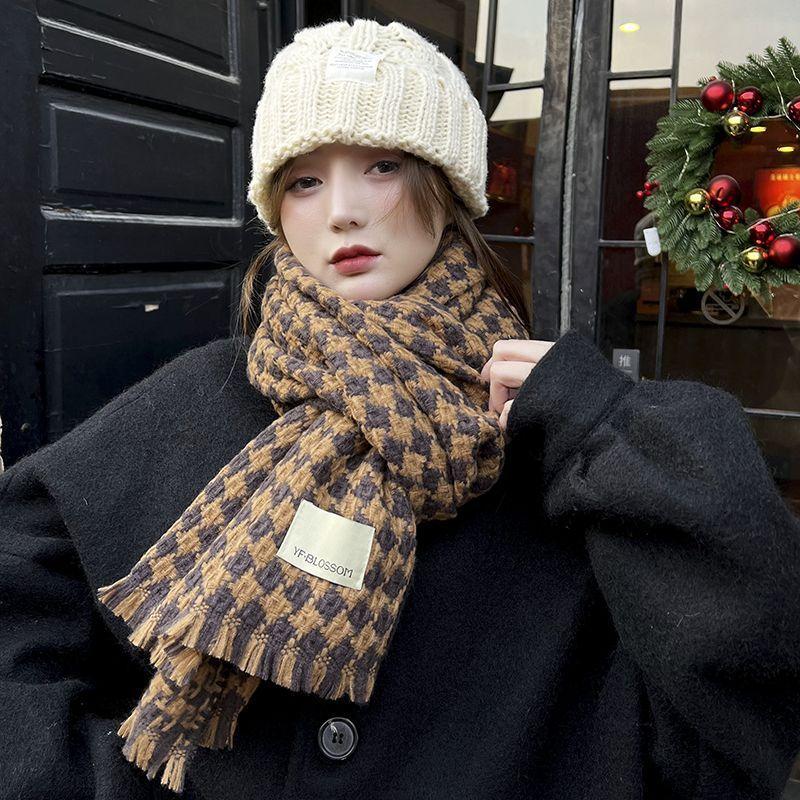 Winter Scarf for Women New Korean Style Double Sided Imitation Cashmere Knitted Rhombus Plaid Versatile Warm Student Scarf Shawl