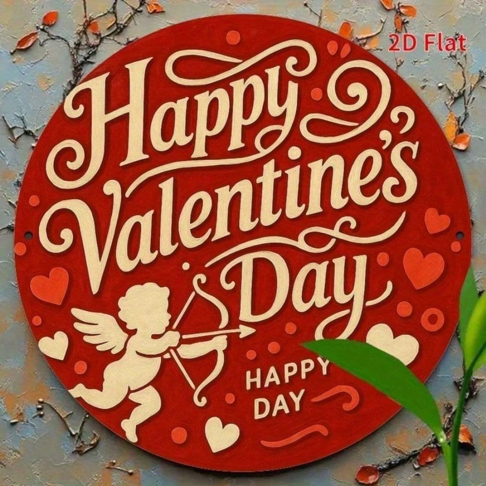Metal Poster Wall Art, Love Heart Wreath with Cupid Valentine Decoration for Home Garden