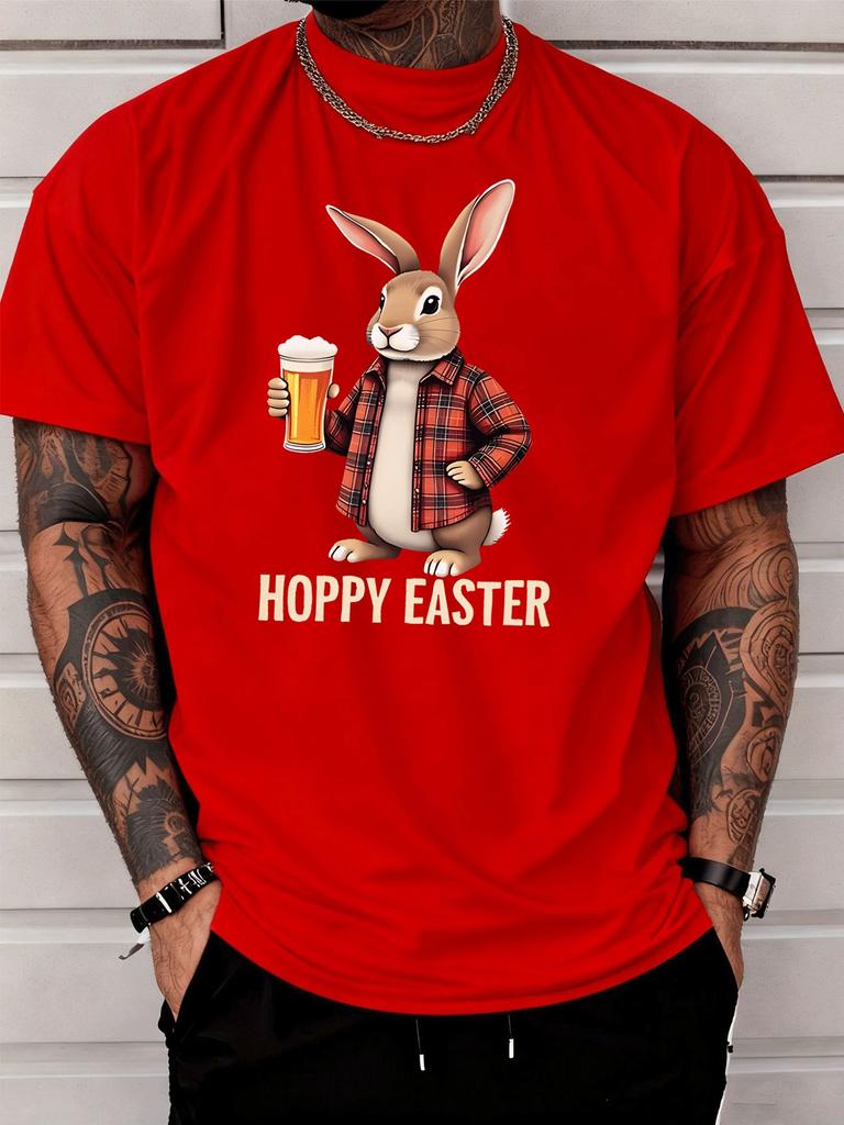 Cute Easter Bunny Holding Beer Hoppy Easter Front Graphic Print Unisexs Crew Neck Short Sleeve Tee Casual Daily Soft Basic Wear Top